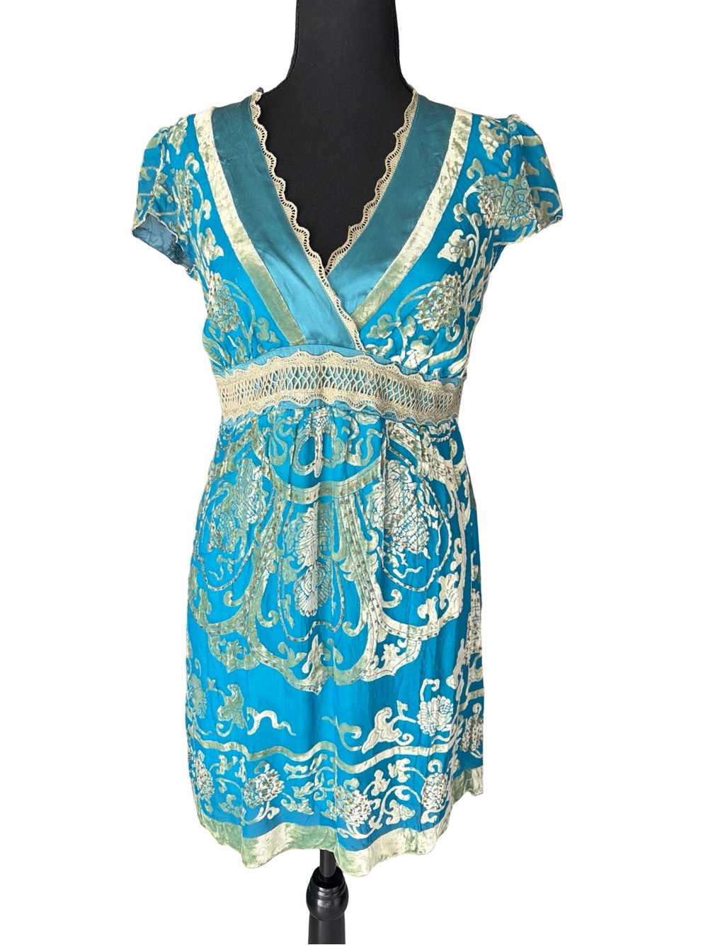 Hale Bob Turquoise and Gold Brocade V‑Neck Wrap Dress